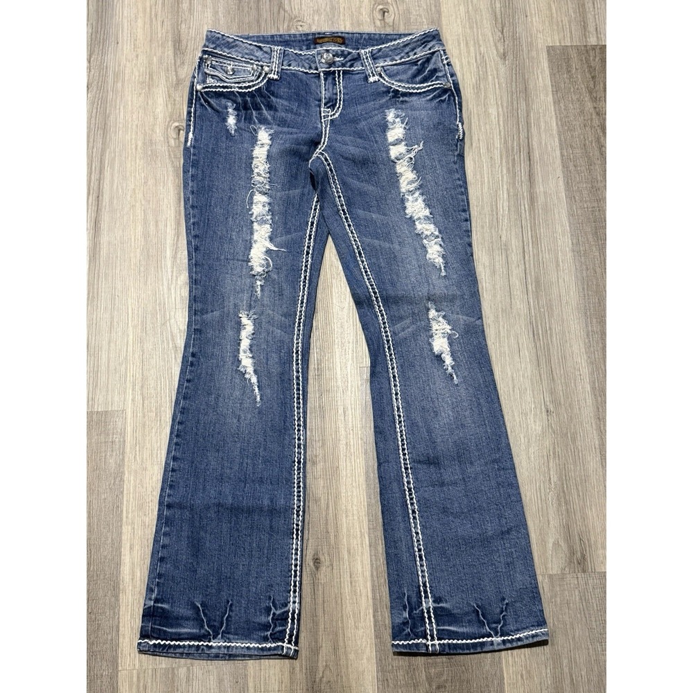 ZD Zana Di Size 11 Embroidered Rhinestone Women's Distressed Blue Jeans Y2K